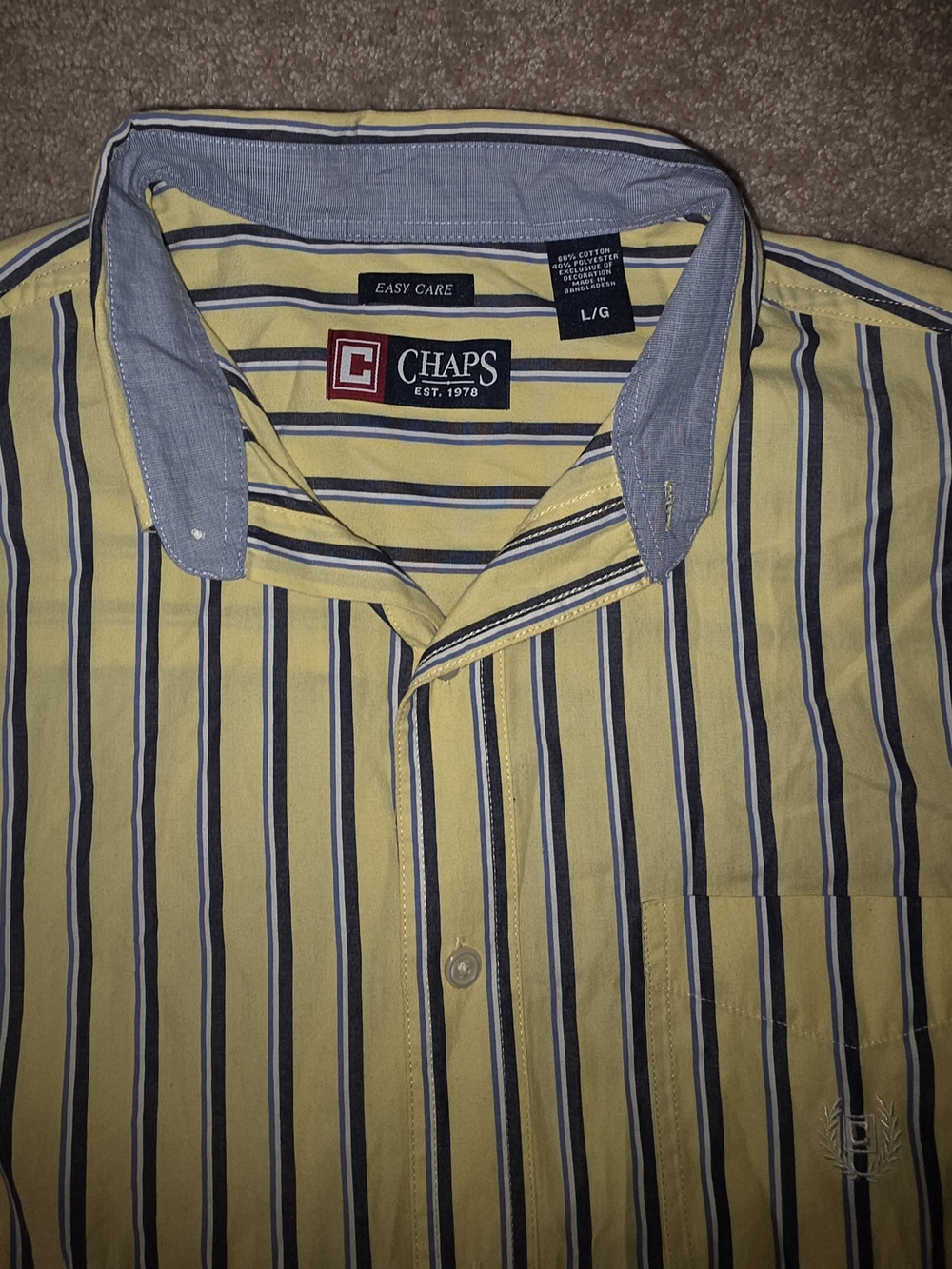 Chaps Mens Yellow Stripe Button-Down Shirt with Blue Contrast Collar